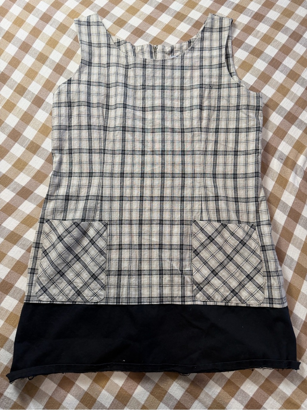 Stonebridge Plaid Sleeveless Shift Dress Beige Black Pockets Size Large